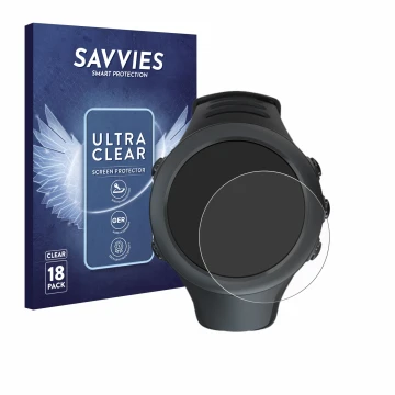 Face avant d’un emballage produit avec le logo de la marque Savvies. À côté, l’appareil Suunto Ambit3 Sport Black est représen