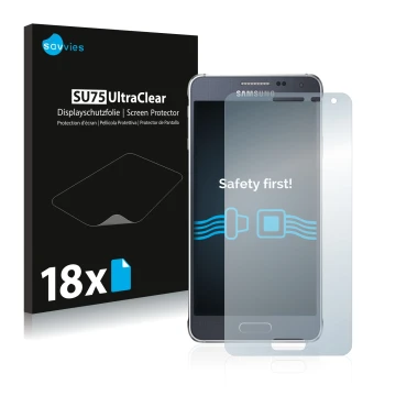 Face avant d’un emballage produit avec le logo de la marque Savvies. À côté, l’appareil Samsung Galaxy Alpha SM-G850F est repr