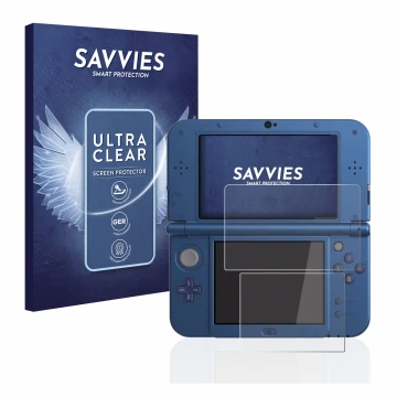Face avant d’un emballage produit avec le logo de la marque Savvies. À côté, l’appareil Nintendo New 3DS XL est représenté ave
