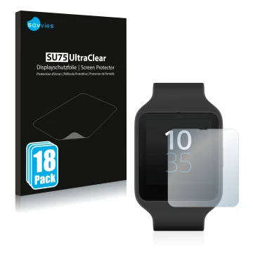 Face avant d’un emballage produit avec le logo de la marque Savvies. À côté, l’appareil Sony Smartwatch 3 SWR50 est représenté