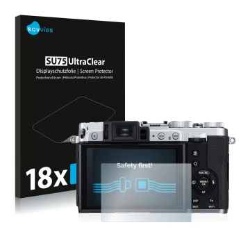 Face avant d’un emballage produit avec le logo de la marque Savvies. À côté, l’appareil Fujifilm X30 est représenté avec la pr