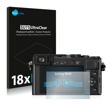 Face avant d’un emballage produit avec le logo de la marque Savvies. À côté, l’appareil Panasonic Lumix DMC-LX100 est représen