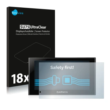 Face avant d’un emballage produit avec le logo de la marque Savvies. À côté, l’appareil Garmin nüvi 2599LMT-D est représenté a