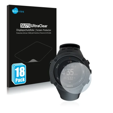 Face avant d’un emballage produit avec le logo de la marque Savvies. À côté, l’appareil Suunto Ambit3 Peak Black est représent