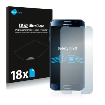Face avant d’un emballage produit avec le logo de la marque Savvies. À côté, l’appareil Samsung Galaxy S6 est représenté avec 