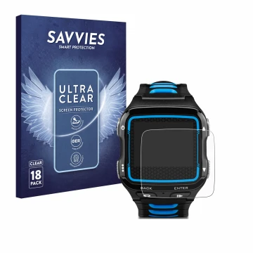 Face avant d’un emballage produit avec le logo de la marque Savvies. À côté, l’appareil Garmin Forerunner 920XT est représenté