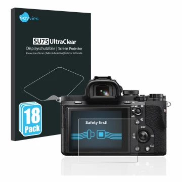 Face avant d’un emballage produit avec le logo de la marque Savvies. À côté, l’appareil Sony Alpha 7 II (ILCE-7M2) est représe