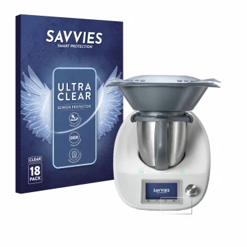 Face avant d’un emballage produit avec le logo de la marque Savvies. À côté, l’appareil Vorwerk Thermomix TM5 est représenté a