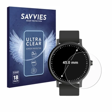 Face avant d’un emballage produit avec le logo de la marque Savvies. À côté, l’appareil Montres (Circulaire, ø: 45 mm) est rep