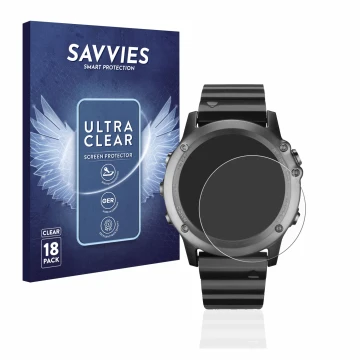 Face avant d’un emballage produit avec le logo de la marque Savvies. À côté, l’appareil Garmin Fenix 3 est représenté avec la 