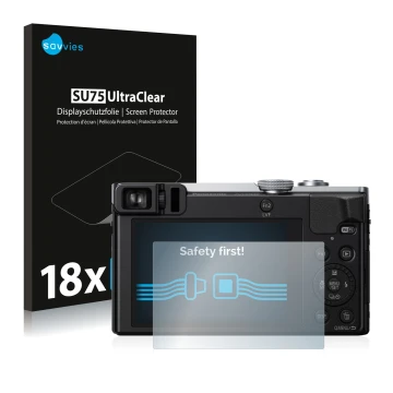 Face avant d’un emballage produit avec le logo de la marque Savvies. À côté, l’appareil Panasonic Lumix DMC-TZ71 est représent