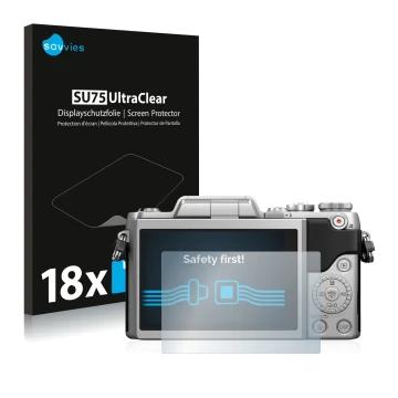 Face avant d’un emballage produit avec le logo de la marque Savvies. À côté, l’appareil Panasonic Lumix DMC-GF7 est représenté