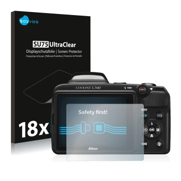 Face avant d’un emballage produit avec le logo de la marque Savvies. À côté, l’appareil Nikon Coolpix L340 est représenté avec