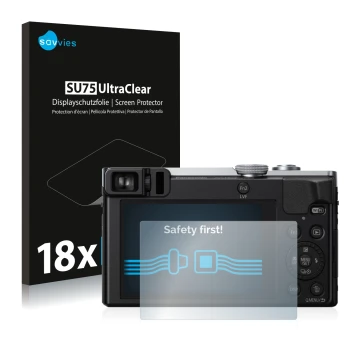 Face avant d’un emballage produit avec le logo de la marque Savvies. À côté, l’appareil Panasonic Lumix DMC-TZ70 est représent