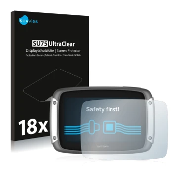 Face avant d’un emballage produit avec le logo de la marque Savvies. À côté, l’appareil TomTom Rider 400 est représenté avec l