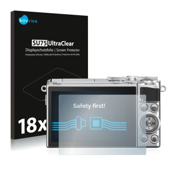 Face avant d’un emballage produit avec le logo de la marque Savvies. À côté, l’appareil Nikon 1 J5 est représenté avec la prot