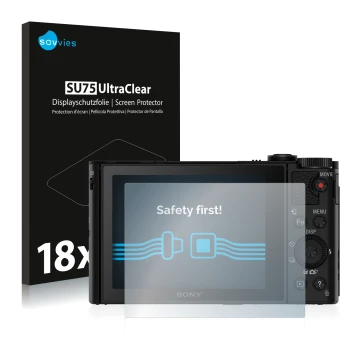 Face avant d’un emballage produit avec le logo de la marque Savvies. À côté, l’appareil Sony Cyber-Shot DSC-HX90 est représent