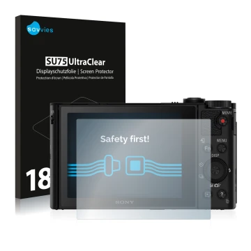Face avant d’un emballage produit avec le logo de la marque Savvies. À côté, l’appareil Sony Cyber-Shot DSC-WX500 est représen