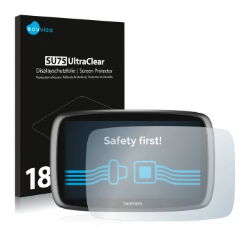 Face avant d’un emballage produit avec le logo de la marque Savvies. À côté, l’appareil TomTom GO 6100 est représenté avec la 