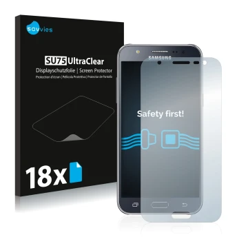 Face avant d’un emballage produit avec le logo de la marque Savvies. À côté, l’appareil Samsung Galaxy J5 2015 est représenté 