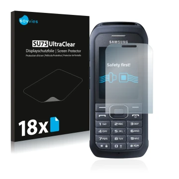 Face avant d’un emballage produit avec le logo de la marque Savvies. À côté, l’appareil Samsung Xcover 550 est représenté avec