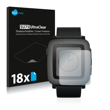 Face avant d’un emballage produit avec le logo de la marque Savvies. À côté, l’appareil Pebble Time est représenté avec la pro