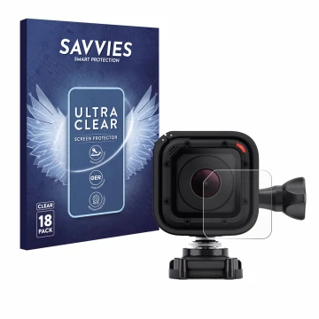 Face avant d’un emballage produit avec le logo de la marque Savvies. À côté, l’appareil GoPro Hero 4 Session Lentille (Caisse)