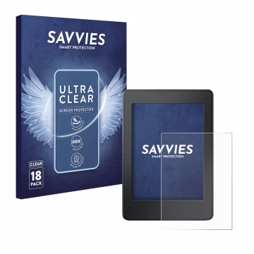 Face avant d’un emballage produit avec le logo de la marque Savvies. À côté, l’appareil Amazon Kindle Paperwhite 2015 (7ème Ge