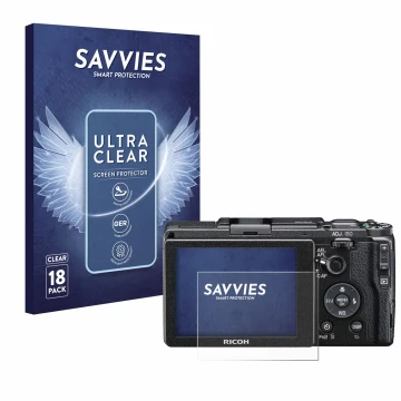 Face avant d’un emballage produit avec le logo de la marque Savvies. À côté, l’appareil Ricoh GR II 2015 est représenté avec l