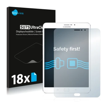 Face avant d’un emballage produit avec le logo de la marque Savvies. À côté, l’appareil Samsung Galaxy Tab Tab S2 8.0 LTE est 