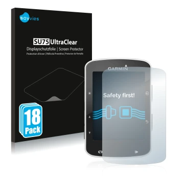 Face avant d’un emballage produit avec le logo de la marque Savvies. À côté, l’appareil Garmin Edge 520 est représenté avec la