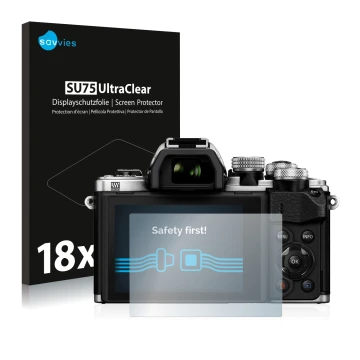 Face avant d’un emballage produit avec le logo de la marque Savvies. À côté, l’appareil Olympus OM-D E-M10 Mark II est représe