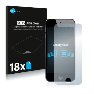 Face avant d’un emballage produit avec le logo de la marque Savvies. À côté, l’appareil Apple iPod Touch (6ème Gen.) est repré