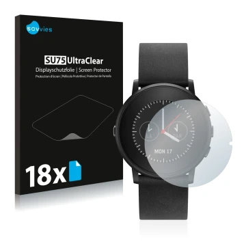 Face avant d’un emballage produit avec le logo de la marque Savvies. À côté, l’appareil Pebble Time Round est représenté avec 