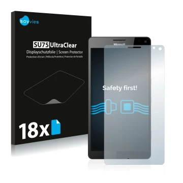 Face avant d’un emballage produit avec le logo de la marque Savvies. À côté, l’appareil Microsoft Lumia 950 XL est représenté 