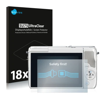 Face avant d’un emballage produit avec le logo de la marque Savvies. À côté, l’appareil Canon EOS M10 est représenté avec la p