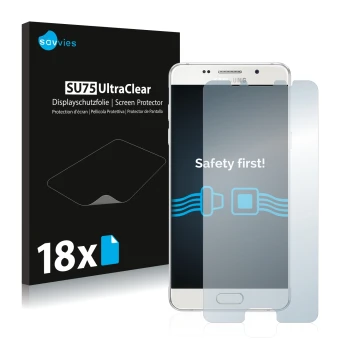 Face avant d’un emballage produit avec le logo de la marque Savvies. À côté, l’appareil Samsung Galaxy A5 2016 est représenté 