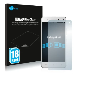 Face avant d’un emballage produit avec le logo de la marque Savvies. À côté, l’appareil Lenovo Vibe S1 est représenté avec la 