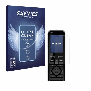 Face avant d’un emballage produit avec le logo de la marque Savvies. À côté, l’appareil Logitech Harmony 950 est représenté av