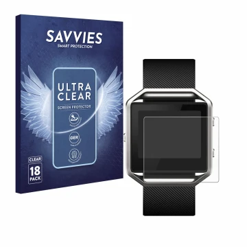 Face avant d’un emballage produit avec le logo de la marque Savvies. À côté, l’appareil Fitbit Blaze est représenté avec la pr