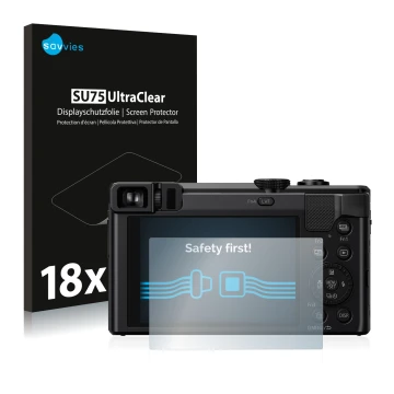 Face avant d’un emballage produit avec le logo de la marque Savvies. À côté, l’appareil Panasonic Lumix DMC-TZ81 est représent