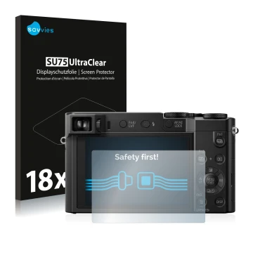 Face avant d’un emballage produit avec le logo de la marque Savvies. À côté, l’appareil Panasonic Lumix DMC-TZ101 est représen