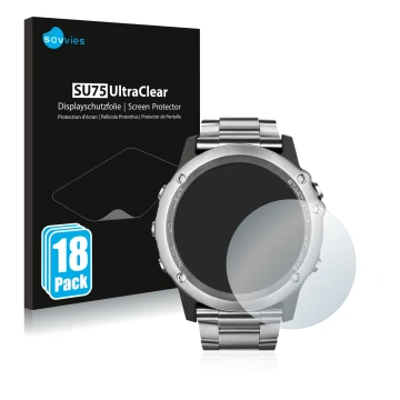 Face avant d’un emballage produit avec le logo de la marque Savvies. À côté, l’appareil Garmin Fenix 3 Saphir est représenté a