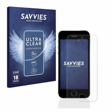 Face avant d’un emballage produit avec le logo de la marque Savvies. À côté, l’appareil Apple iPhone SE 2016 est représenté av