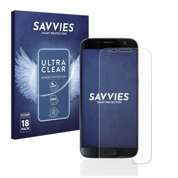 Face avant d’un emballage produit avec le logo de la marque Savvies. À côté, l’appareil Samsung Galaxy S7 est représenté avec 