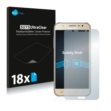Face avant d’un emballage produit avec le logo de la marque Savvies. À côté, l’appareil Samsung Galaxy J7 2016 est représenté 