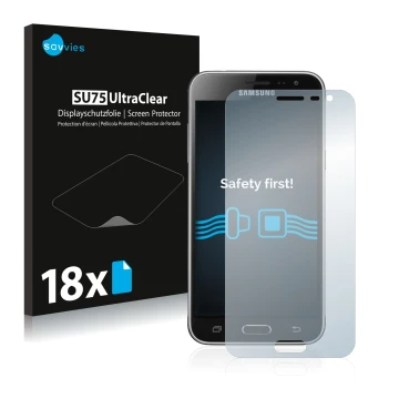 Face avant d’un emballage produit avec le logo de la marque Savvies. À côté, l’appareil Samsung Galaxy J3 Duos 2016 est représ