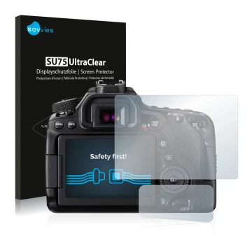 Face avant d’un emballage produit avec le logo de la marque Savvies. À côté, l’appareil Canon EOS 80D est représenté avec la p