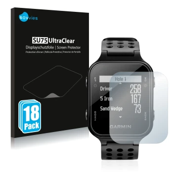 Face avant d’un emballage produit avec le logo de la marque Savvies. À côté, l’appareil Garmin Approach S20 est représenté ave