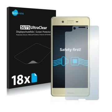 Face avant d’un emballage produit avec le logo de la marque Savvies. À côté, l’appareil Sony Xperia X est représenté avec la p